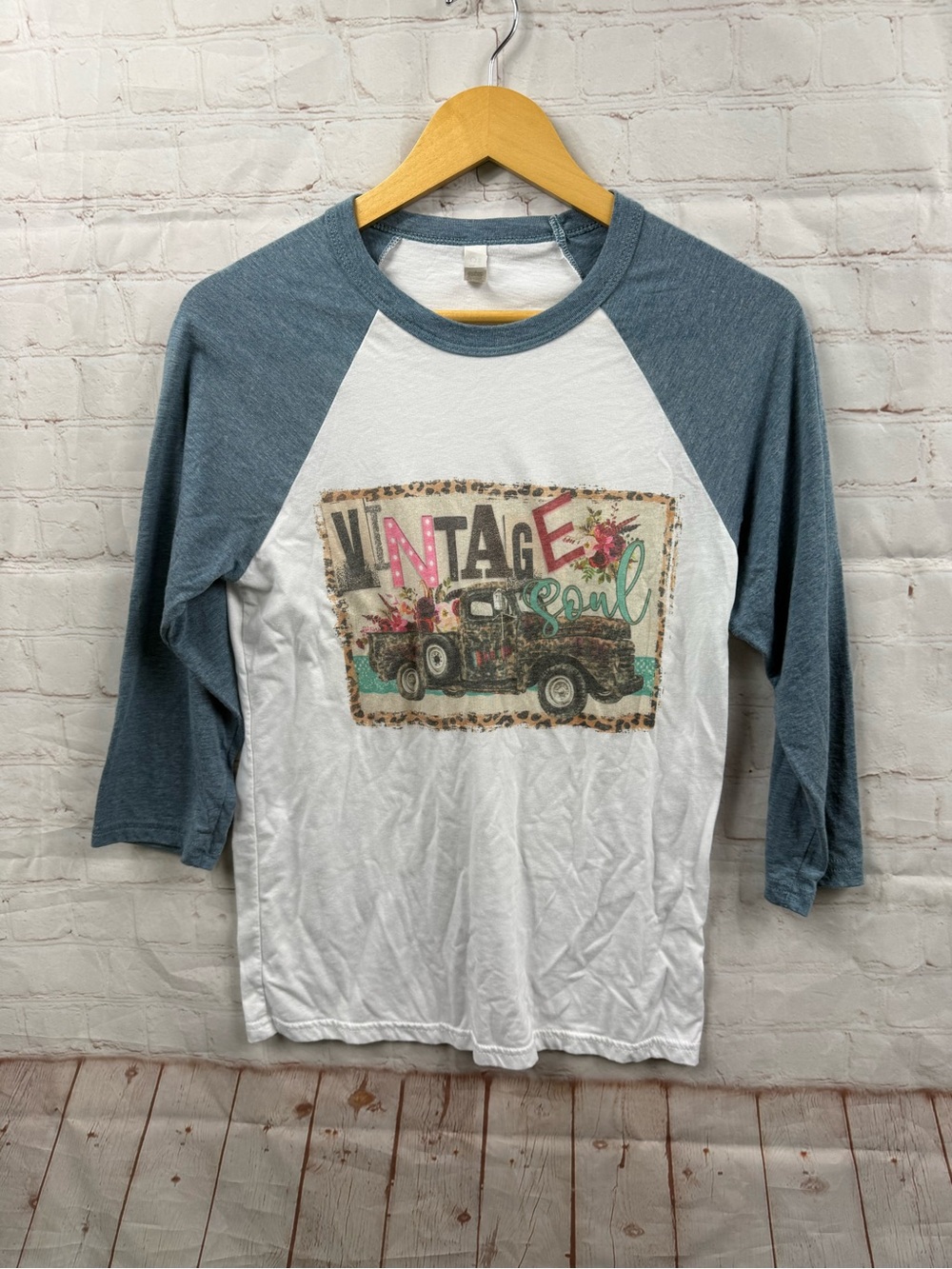 “Vintage Soul” Bella Canvas Raglan Tee White & Dusty Blue Size Small